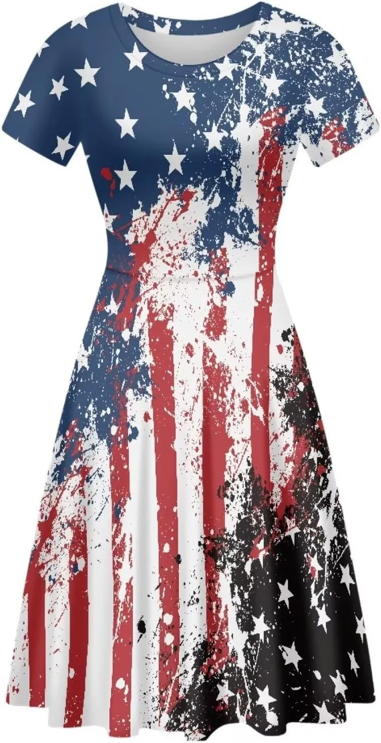 AFPANQZ Midi Dress Women Floral Summer Short-Sleeve Plus Size Scoop Neck A-line