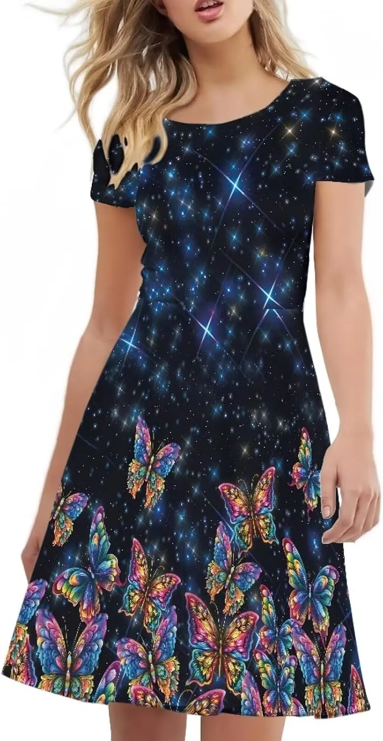 AFPANQZ Midi Dress Women Floral Summer Short-Sleeve Plus Size Scoop Neck A-line