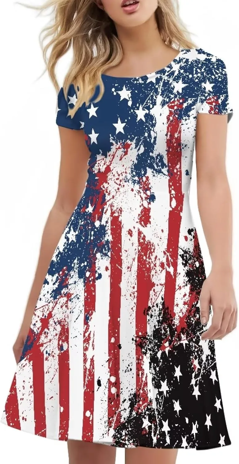 AFPANQZ Midi Dress Women Floral Summer Short-Sleeve Plus Size Scoop Neck A-line