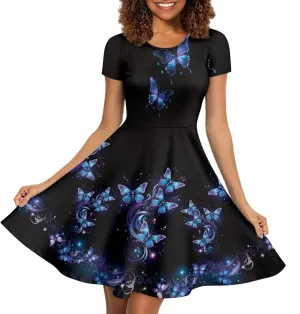 AFPANQZ Midi Dress Women Floral Summer Short-Sleeve Plus Size Scoop Neck A-line