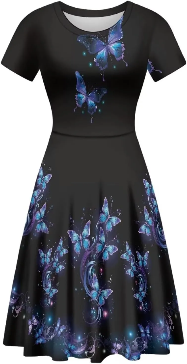 AFPANQZ Midi Dress Women Floral Summer Short-Sleeve Plus Size Scoop Neck A-line