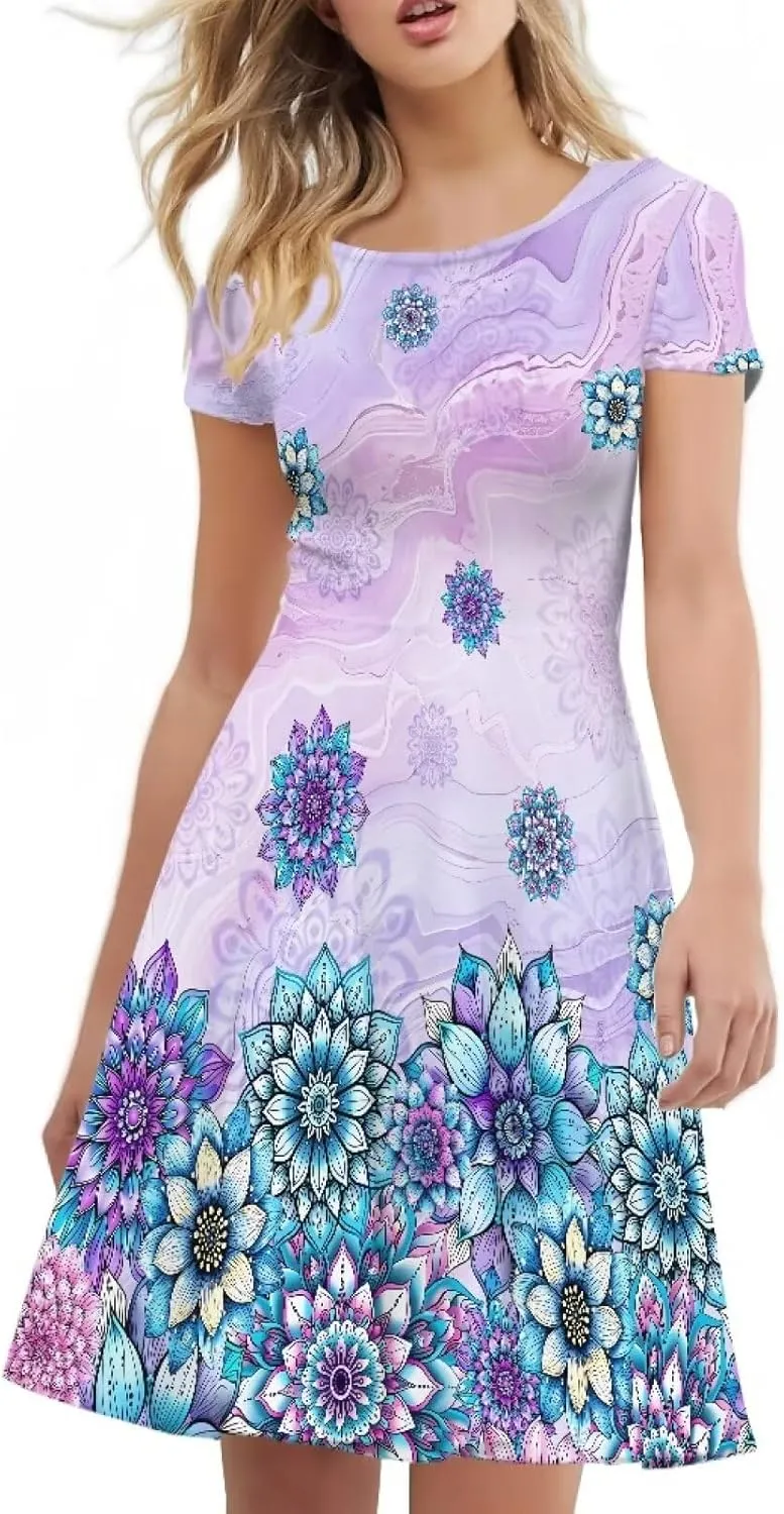 AFPANQZ Women's Summer Dresses Short Sleeves Scoop Neck Flared Swing T-Shirt Dress