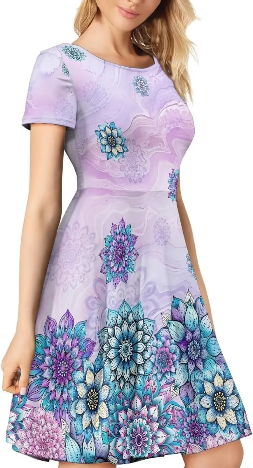 AFPANQZ Women's Summer Dresses Short Sleeves Scoop Neck Flared Swing T-Shirt Dress