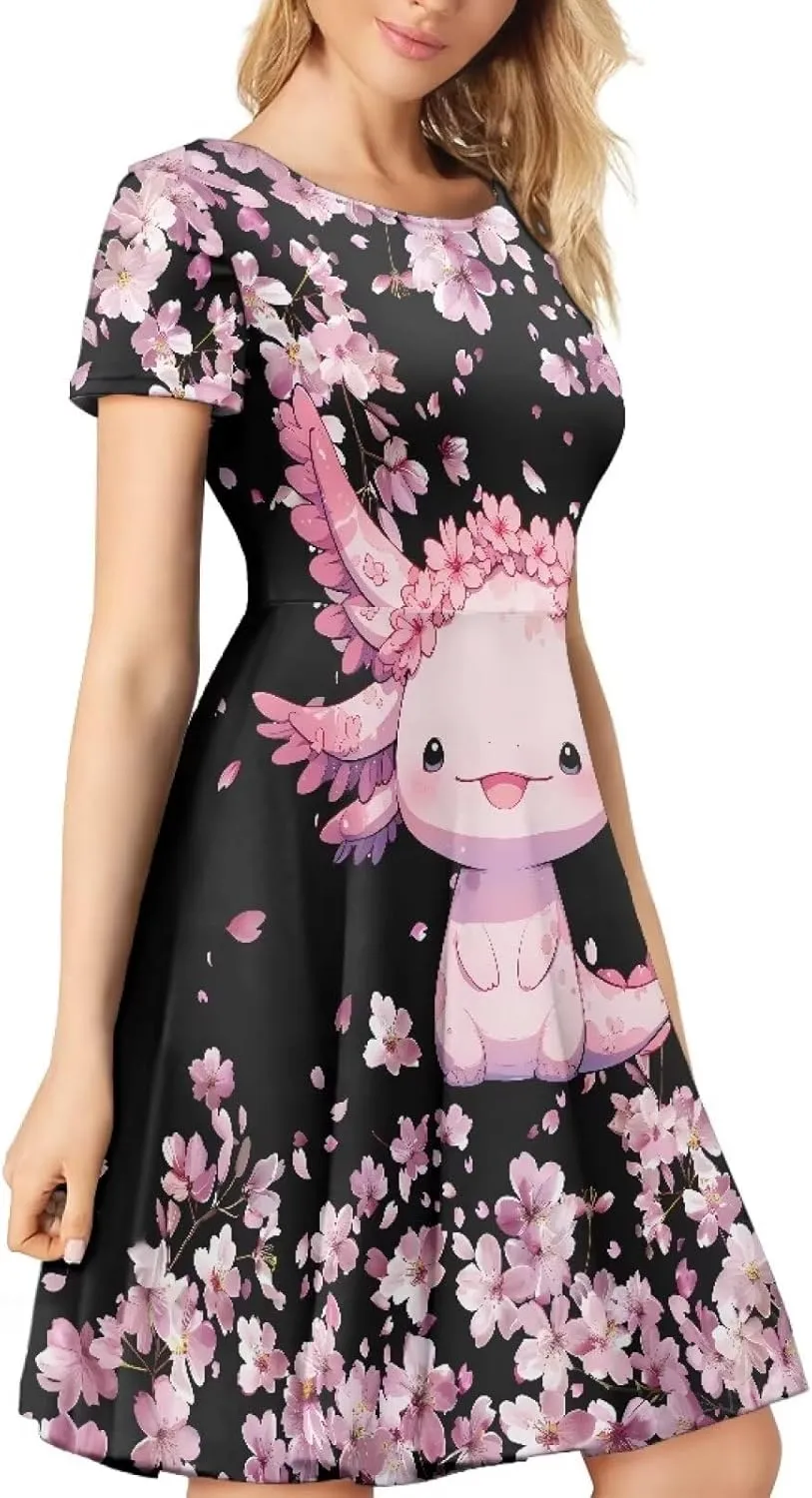 AFPANQZ Women's Summer Dresses Short Sleeves Scoop Neck Flared Swing T-Shirt Dress