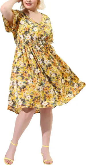 Agnes Orinda Plus Size Dresses for Women 2024 Summer Elastic Waist V Neck Short Sleeve Floral Midi Dress