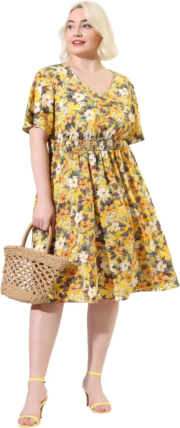 Agnes Orinda Plus Size Dresses for Women 2024 Summer Elastic Waist V Neck Short Sleeve Floral Midi Dress