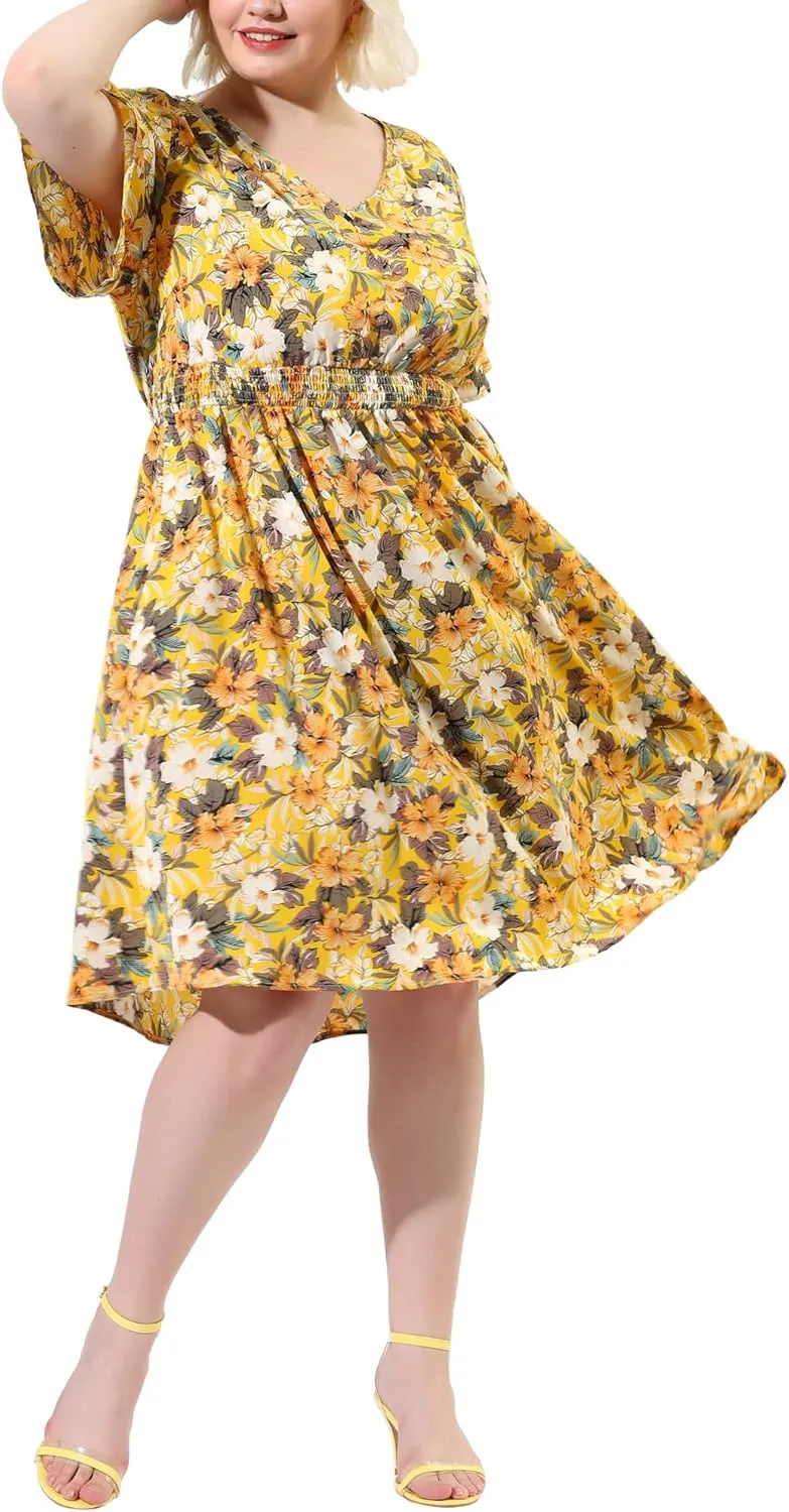 Agnes Orinda Plus Size Dresses for Women 2024 Summer Elastic Waist V Neck Short Sleeve Floral Midi Dress