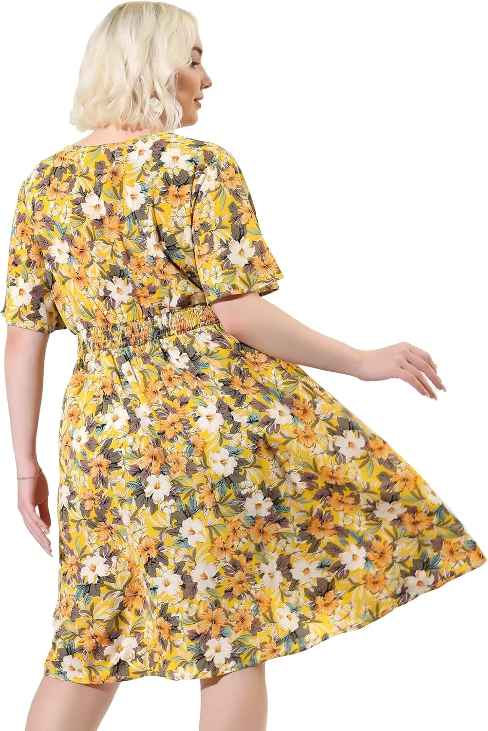 Agnes Orinda Plus Size Dresses for Women 2024 Summer Elastic Waist V Neck Short Sleeve Floral Midi Dress