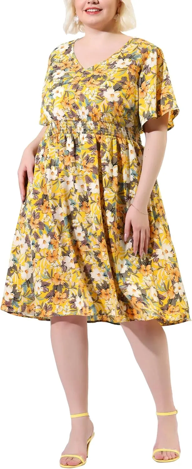 Agnes Orinda Plus Size Dresses for Women 2024 Summer Elastic Waist V Neck Short Sleeve Floral Midi Dress