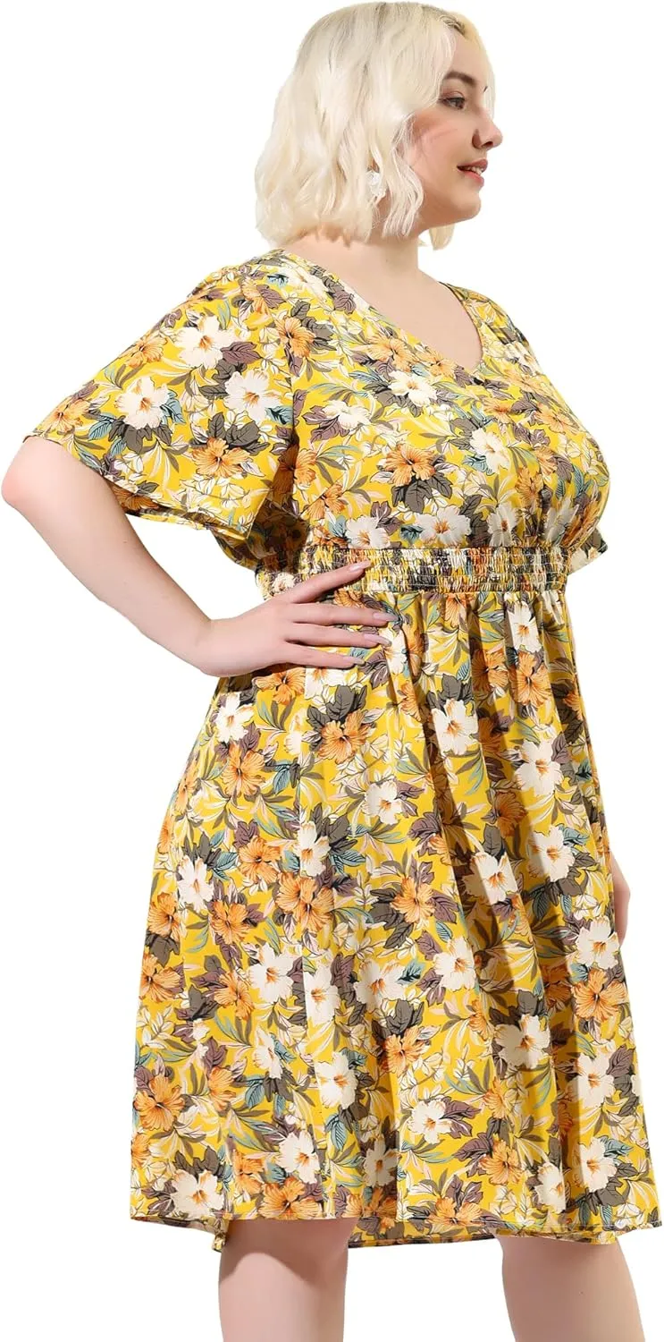 Agnes Orinda Plus Size Dresses for Women 2024 Summer Elastic Waist V Neck Short Sleeve Floral Midi Dress