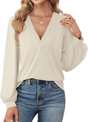 Agnes Urban Womens V Neck Long Sleeve Tops Dressy Casual Fall Shirts Puff Sleeve Loose Tunic Trendy Tops Blouses