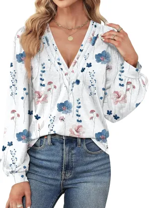 Agnes Urban Womens V Neck Long Sleeve Tops Dressy Casual Fall Shirts Puff Sleeve Loose Tunic Trendy Tops Blouses