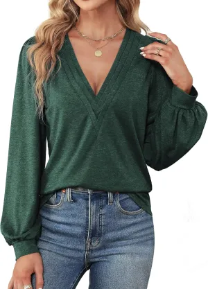 Agnes Urban Womens V Neck Long Sleeve Tops Dressy Casual Fall Shirts Puff Sleeve Loose Tunic Trendy Tops Blouses