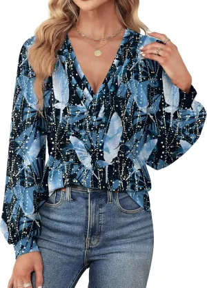 Agnes Urban Womens V Neck Long Sleeve Tops Dressy Casual Fall Shirts Puff Sleeve Loose Tunic Trendy Tops Blouses