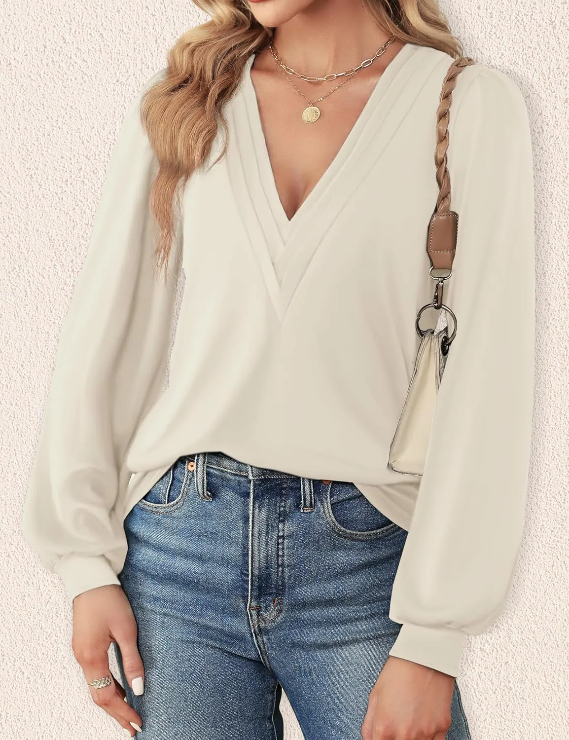 Agnes Urban Womens V Neck Long Sleeve Tops Dressy Casual Fall Shirts Puff Sleeve Loose Tunic Trendy Tops Blouses