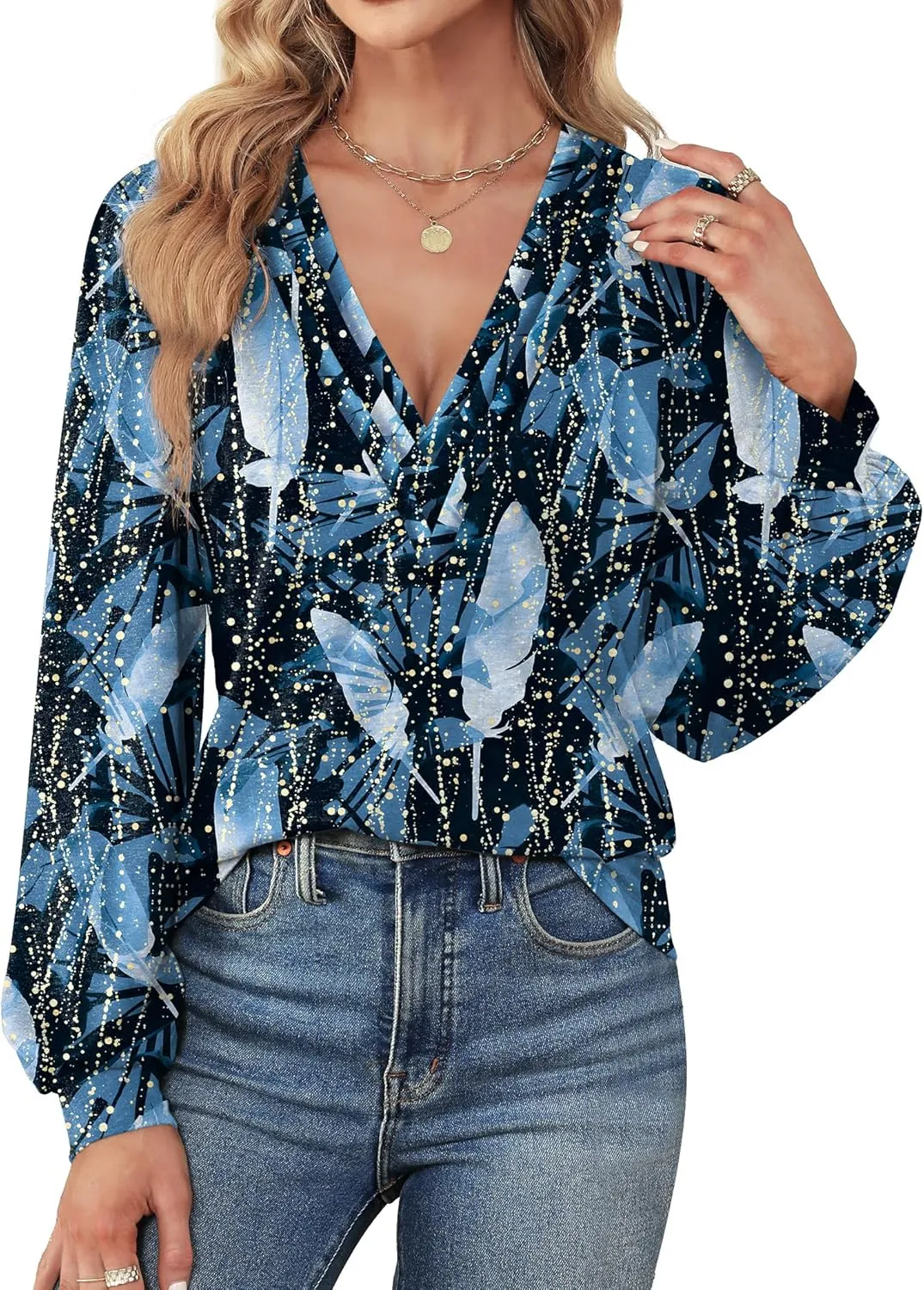 Agnes Urban Womens V Neck Long Sleeve Tops Dressy Casual Fall Shirts Puff Sleeve Loose Tunic Trendy Tops Blouses