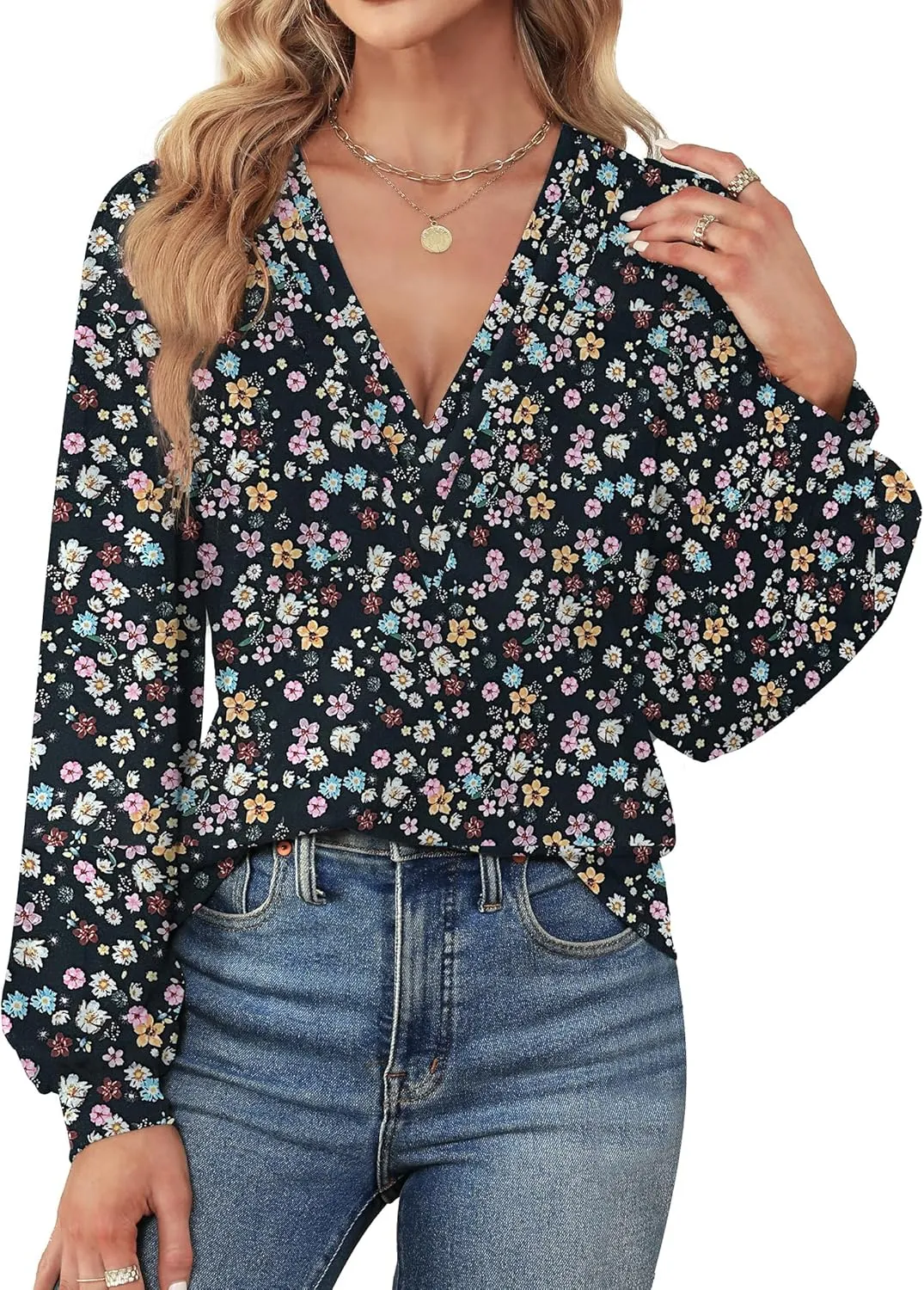 Agnes Urban Womens V Neck Long Sleeve Tops Dressy Casual Fall Shirts Puff Sleeve Loose Tunic Trendy Tops Blouses