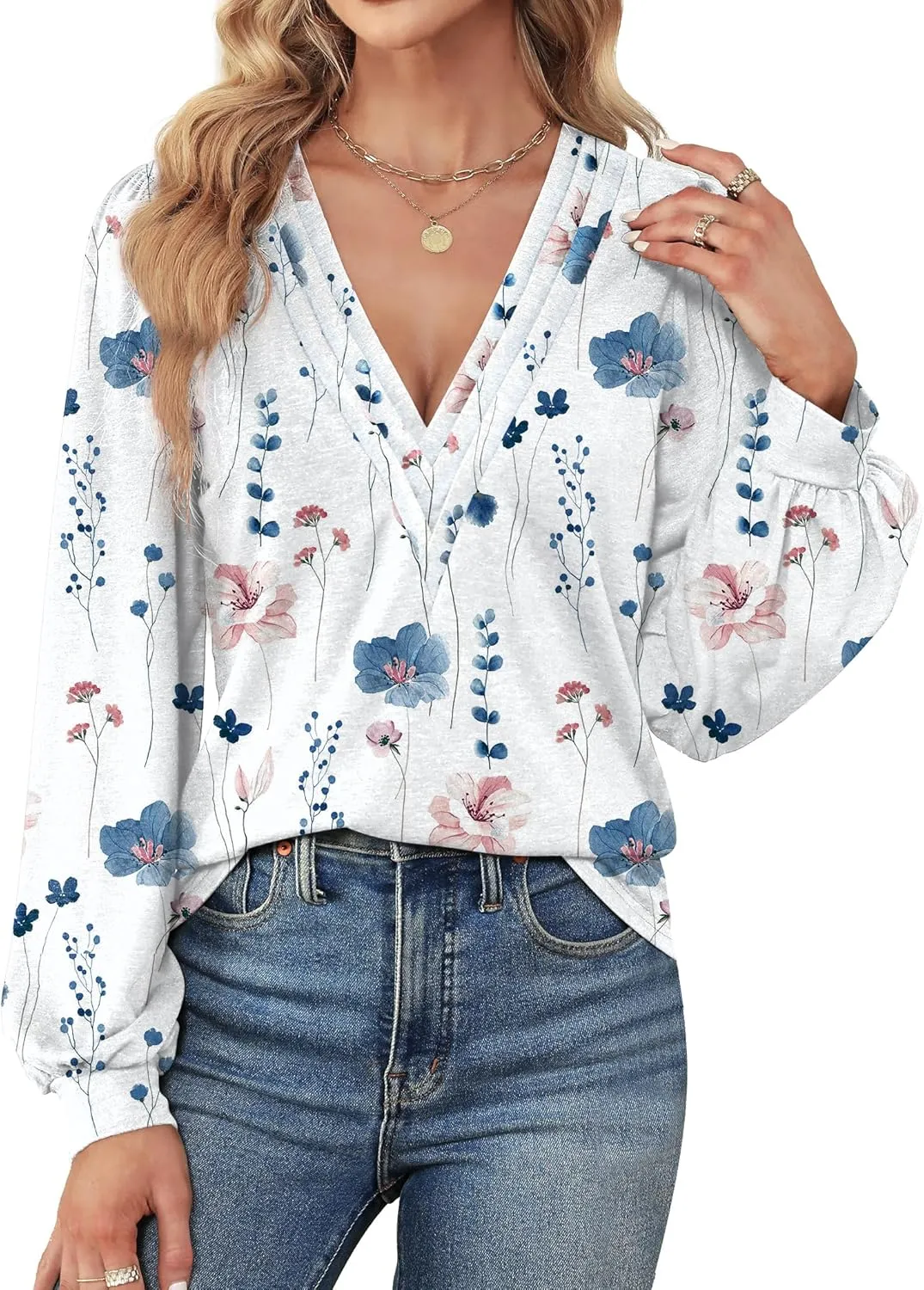 Agnes Urban Womens V Neck Long Sleeve Tops Dressy Casual Fall Shirts Puff Sleeve Loose Tunic Trendy Tops Blouses