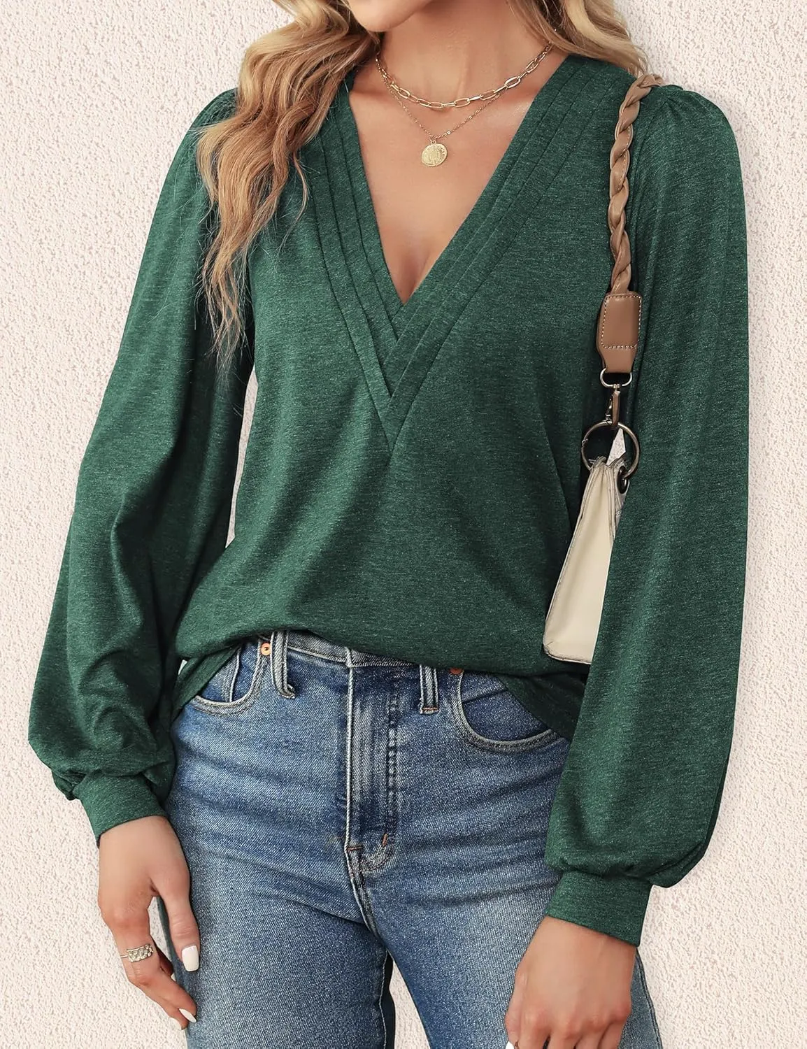 Agnes Urban Womens V Neck Long Sleeve Tops Dressy Casual Fall Shirts Puff Sleeve Loose Tunic Trendy Tops Blouses