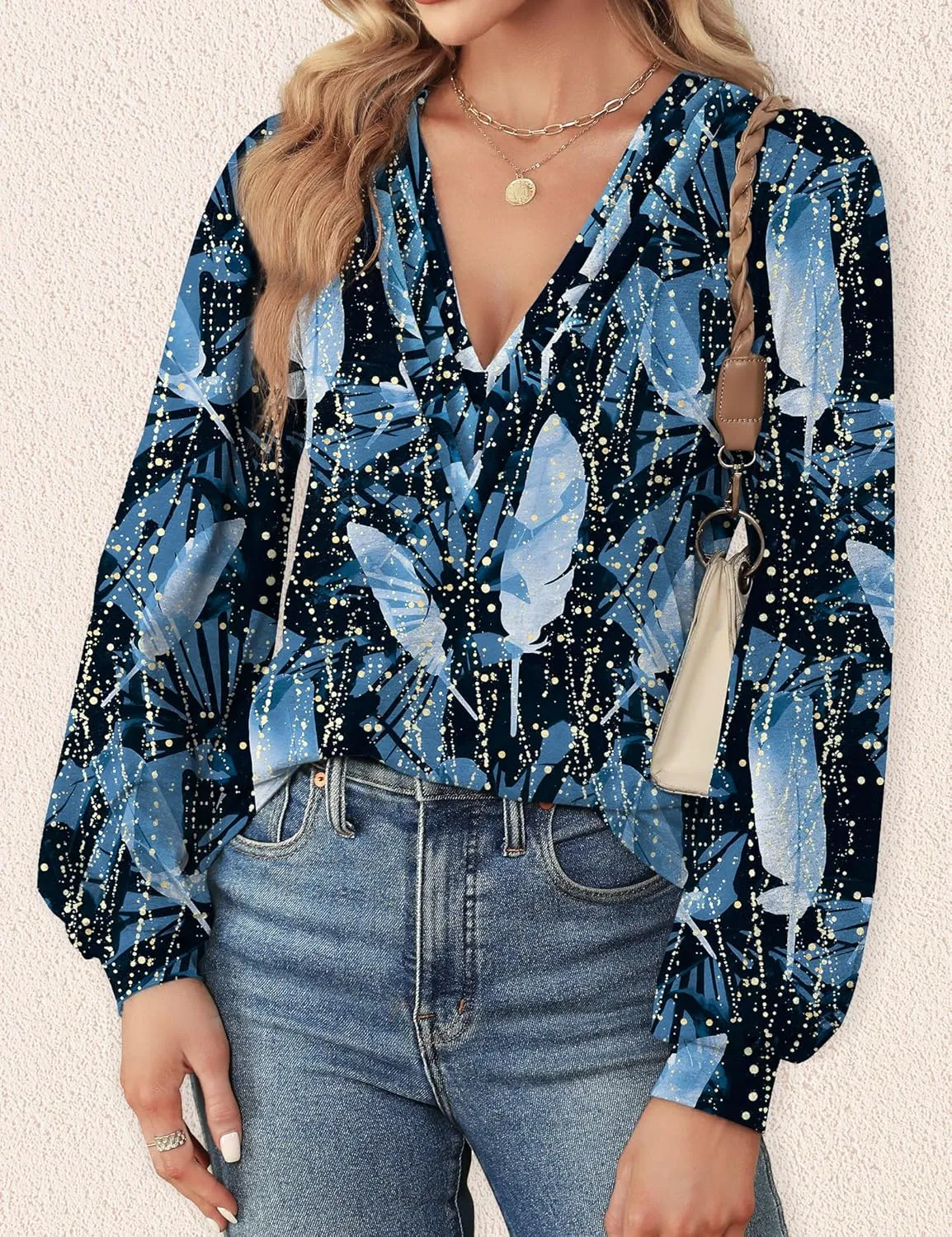 Agnes Urban Womens V Neck Long Sleeve Tops Dressy Casual Fall Shirts Puff Sleeve Loose Tunic Trendy Tops Blouses