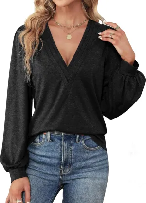 Agnes Urban Womens V Neck Long Sleeve Tops Dressy Casual Fall Shirts Puff Sleeve Loose Tunic Trendy Tops Blouses