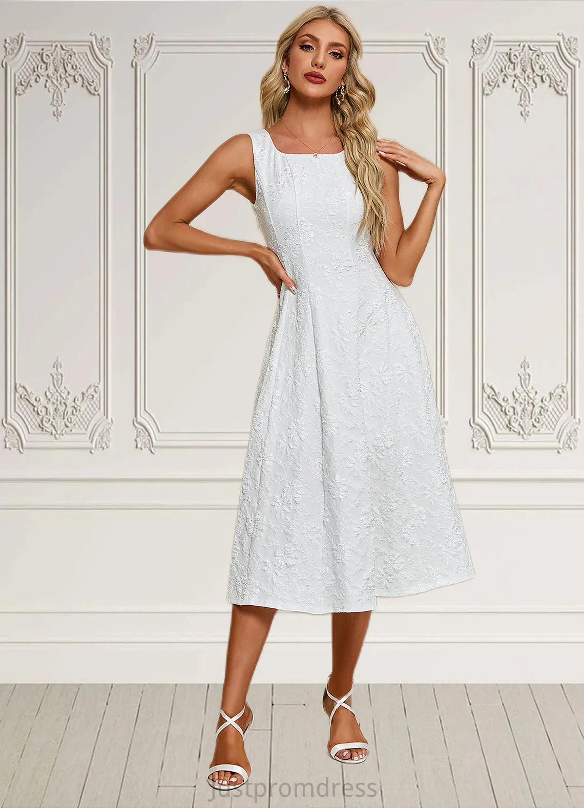 Alice Flower Jacquard Square Elegant A-line Polyester Midi Dresses HHP0022311