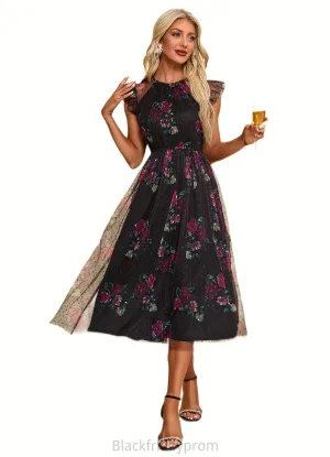 Amari Floral Print Scoop Elegant A-line Tulle Midi Dresses BF2P0022277