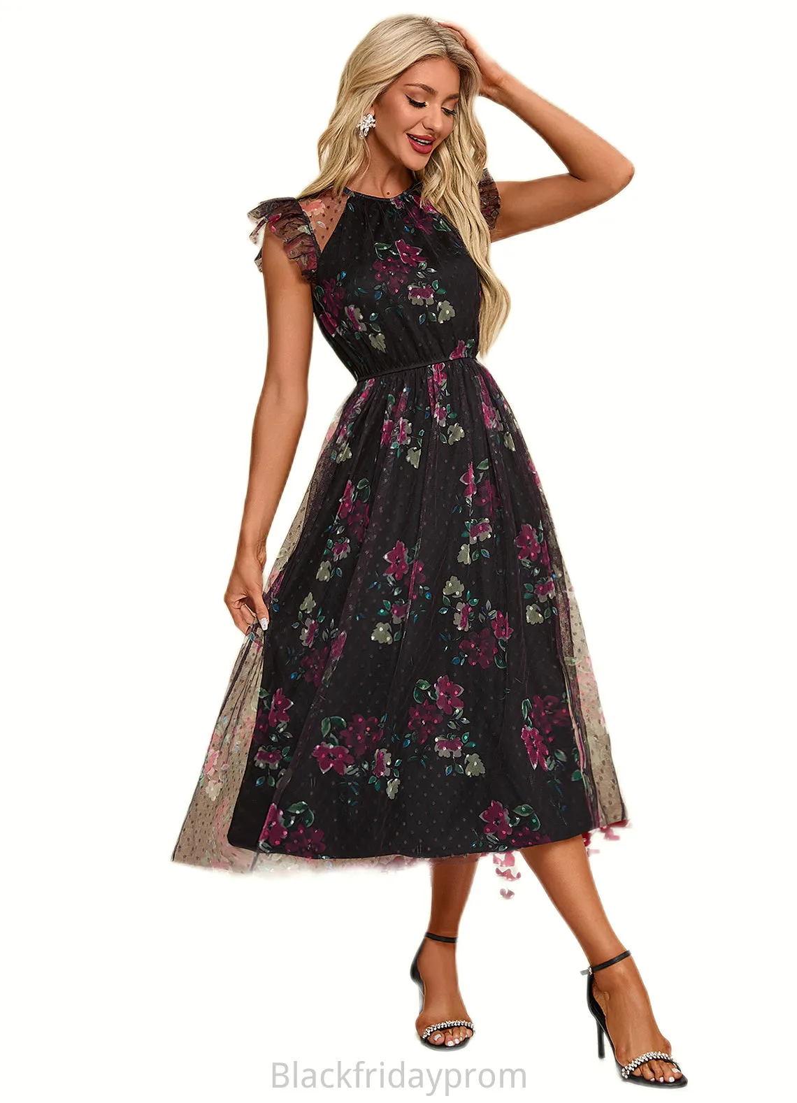 Amari Floral Print Scoop Elegant A-line Tulle Midi Dresses BF2P0022277