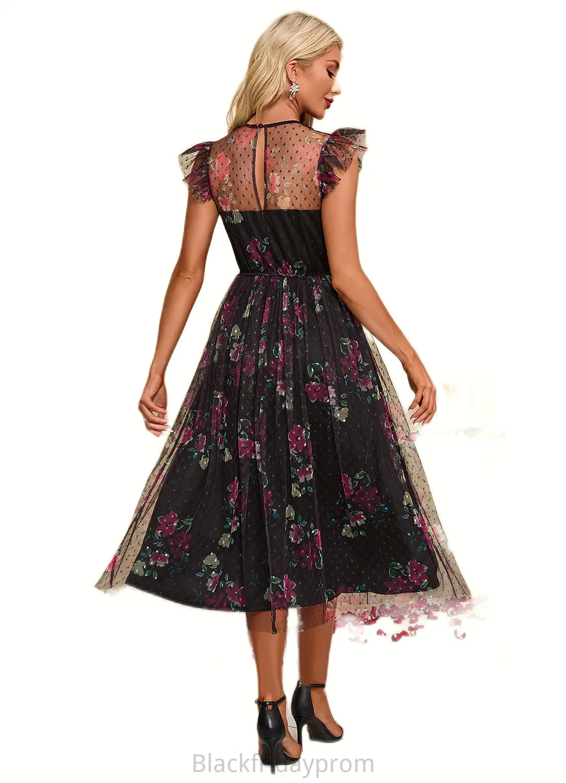 Amari Floral Print Scoop Elegant A-line Tulle Midi Dresses BF2P0022277