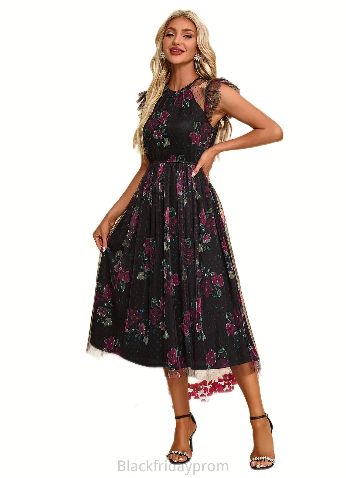 Amari Floral Print Scoop Elegant A-line Tulle Midi Dresses BF2P0022277