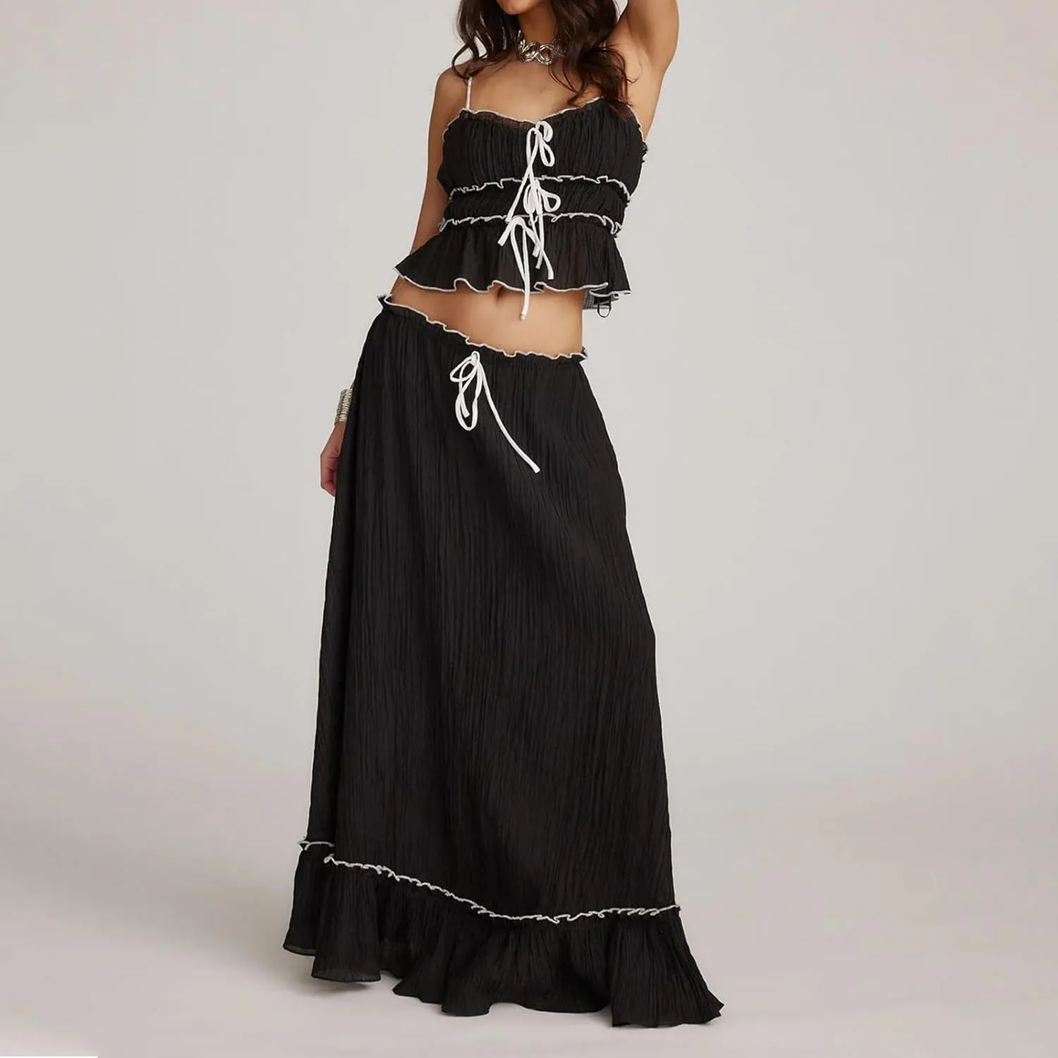 Amiblvowa Women Y2k 2 Piece Maxi Skirt Set Backless Smocked Lace Halter Crop Top Tiered Flowy Long Skirt Beach Clubwear