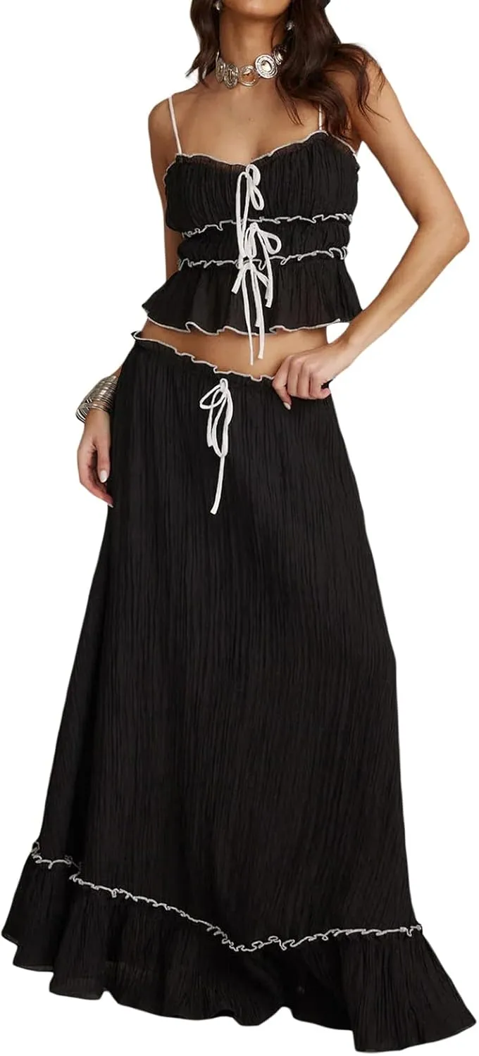 Amiblvowa Women Y2k 2 Piece Maxi Skirt Set Backless Smocked Lace Halter Crop Top Tiered Flowy Long Skirt Beach Clubwear
