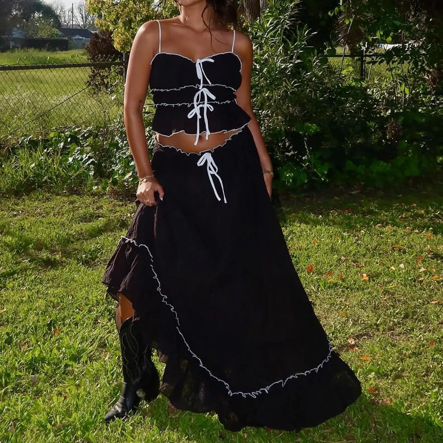 Amiblvowa Women Y2k 2 Piece Maxi Skirt Set Backless Smocked Lace Halter Crop Top Tiered Flowy Long Skirt Beach Clubwear