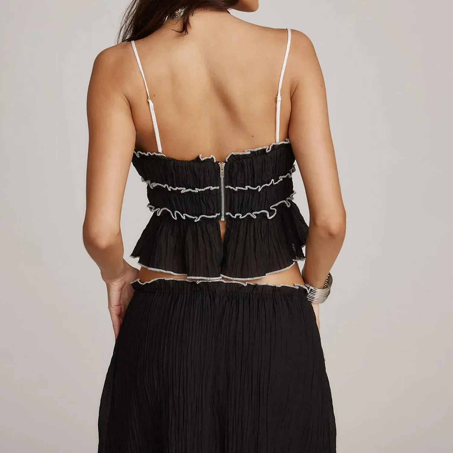 Amiblvowa Women Y2k 2 Piece Maxi Skirt Set Backless Smocked Lace Halter Crop Top Tiered Flowy Long Skirt Beach Clubwear