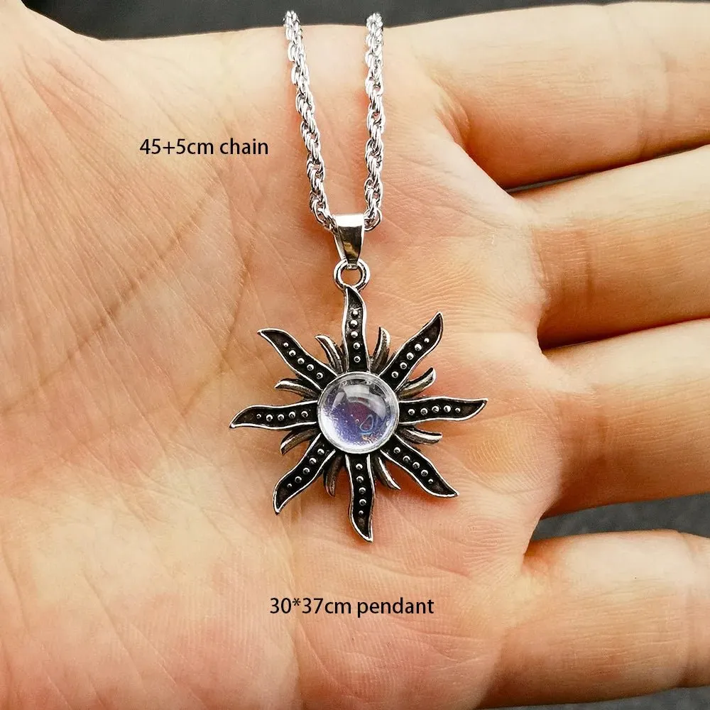 Antique Sunflower Pendant with Mystical Flame - Boho Chic Jewelry