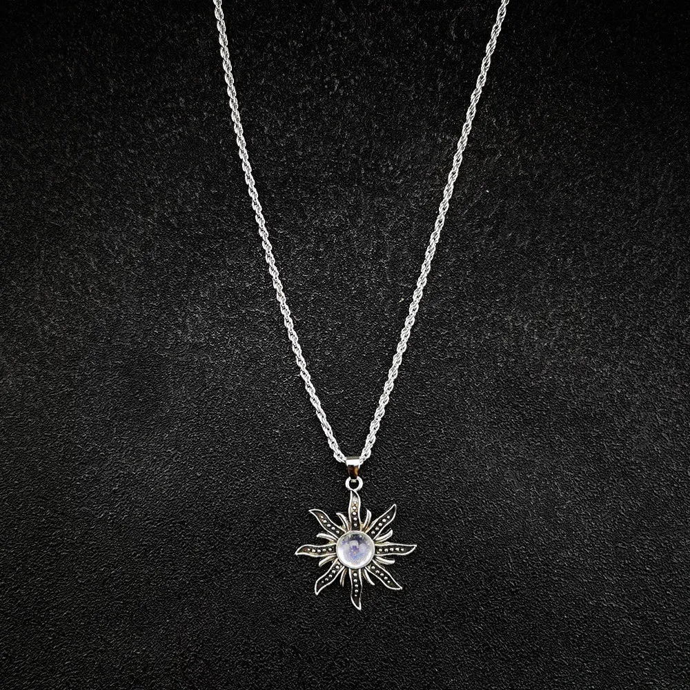 Antique Sunflower Pendant with Mystical Flame - Boho Chic Jewelry