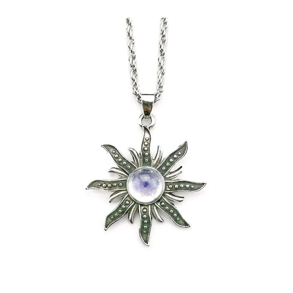 Antique Sunflower Pendant with Mystical Flame - Boho Chic Jewelry