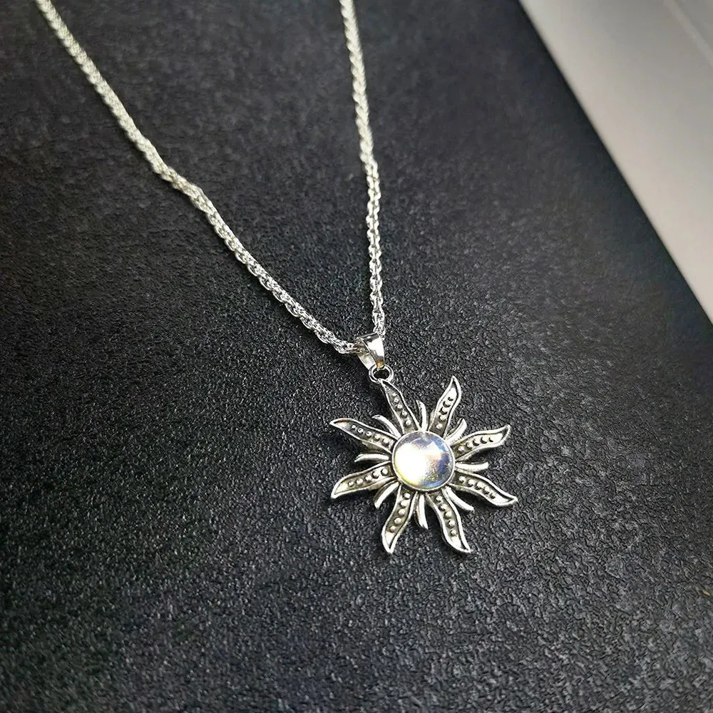 Antique Sunflower Pendant with Mystical Flame - Boho Chic Jewelry