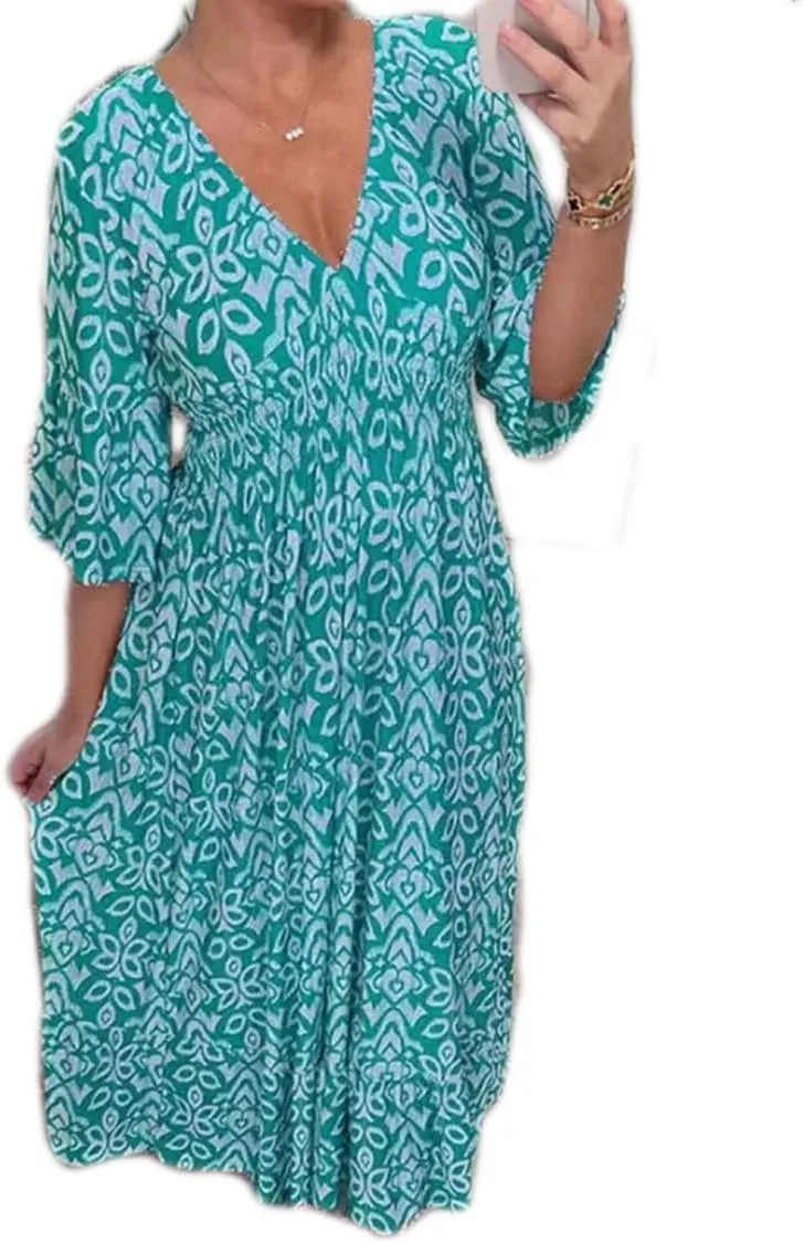 Apvirdy Summer Dresses for Women 2024 Casual V Neck Floral Bohemian Wrap 3/4 Sleeve Midi Boho Dress