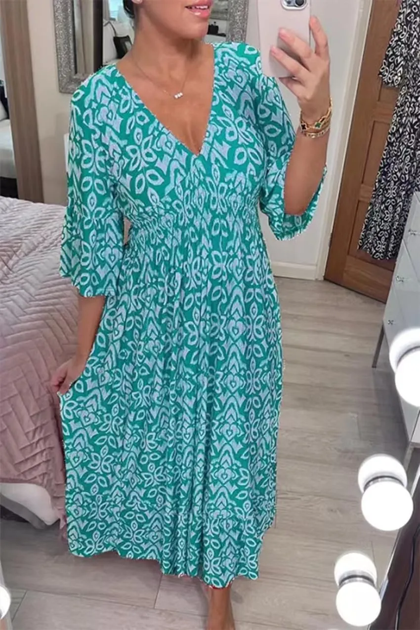 Apvirdy Summer Dresses for Women 2024 Casual V Neck Floral Bohemian Wrap 3/4 Sleeve Midi Boho Dress