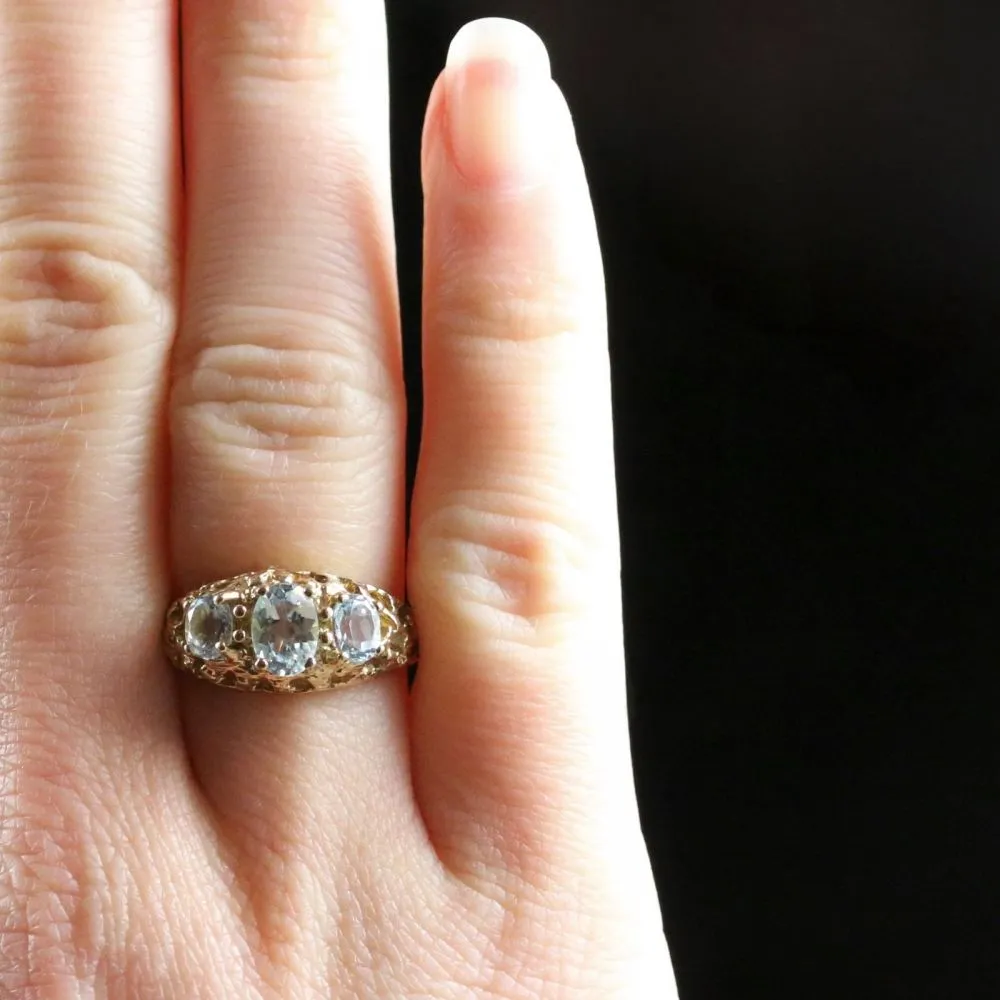 Aquamarine Gold Ring Trilogy Of Aquamarines 9Ct Gold