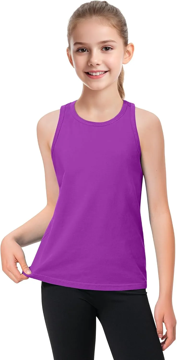 Auranso Girls Tank Tops Sleeveless Racerback Athletic Shirts Cotton Dance Outfit Workout Tops 3 Pack