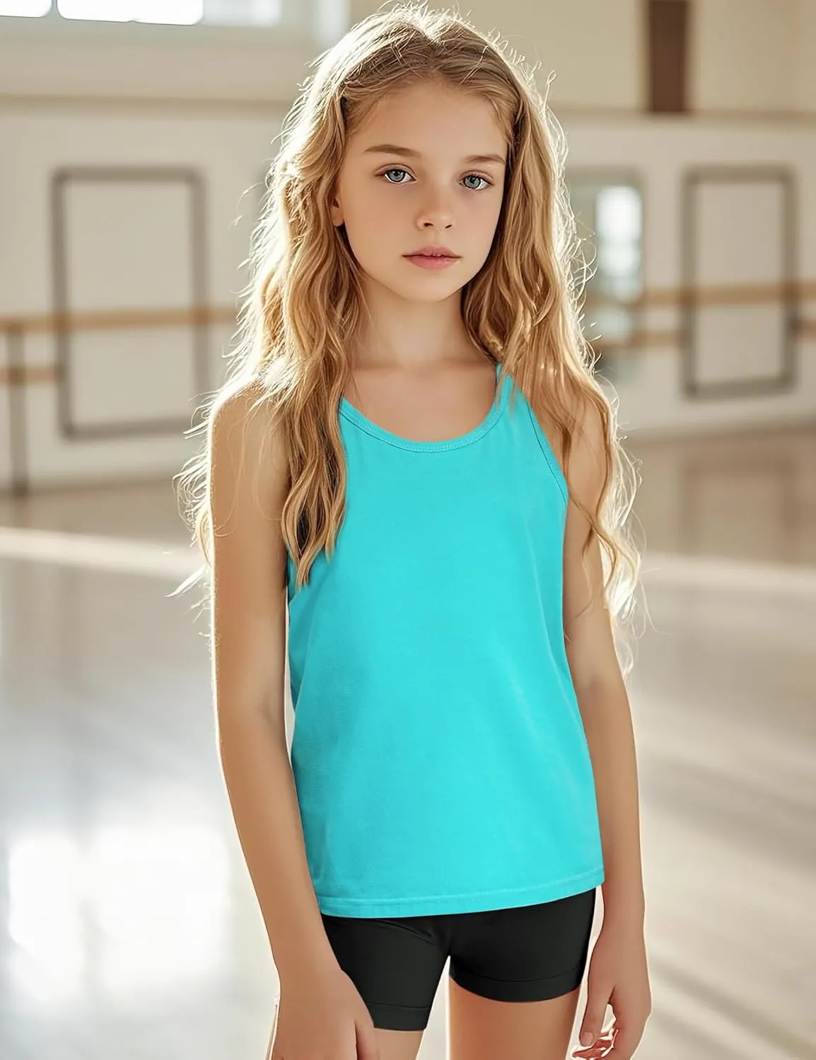 Auranso Girls Tank Tops Sleeveless Racerback Athletic Shirts Cotton Dance Outfit Workout Tops 3 Pack