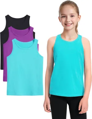 Auranso Girls Tank Tops Sleeveless Racerback Athletic Shirts Cotton Dance Outfit Workout Tops 3 Pack