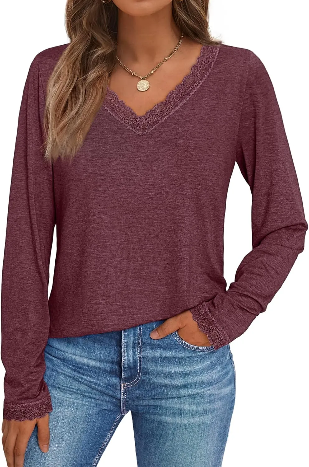 AUTOMET Long Sleeve T Shirts for Women Lace V Neck Casual Cute Tops Loose Fit Fall Winter Basic Clothing