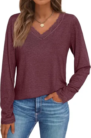 AUTOMET Long Sleeve T Shirts for Women Lace V Neck Casual Cute Tops Loose Fit Fall Winter Basic Clothing