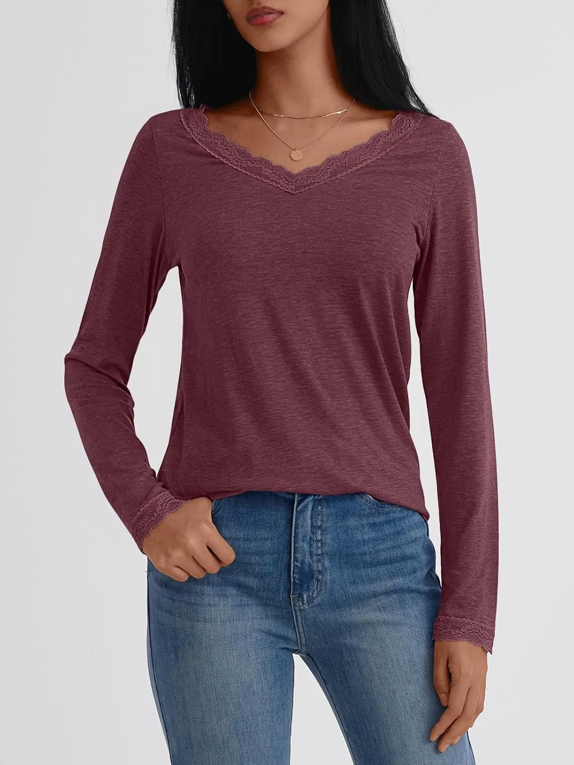 AUTOMET Long Sleeve T Shirts for Women Lace V Neck Casual Cute Tops Loose Fit Fall Winter Basic Clothing