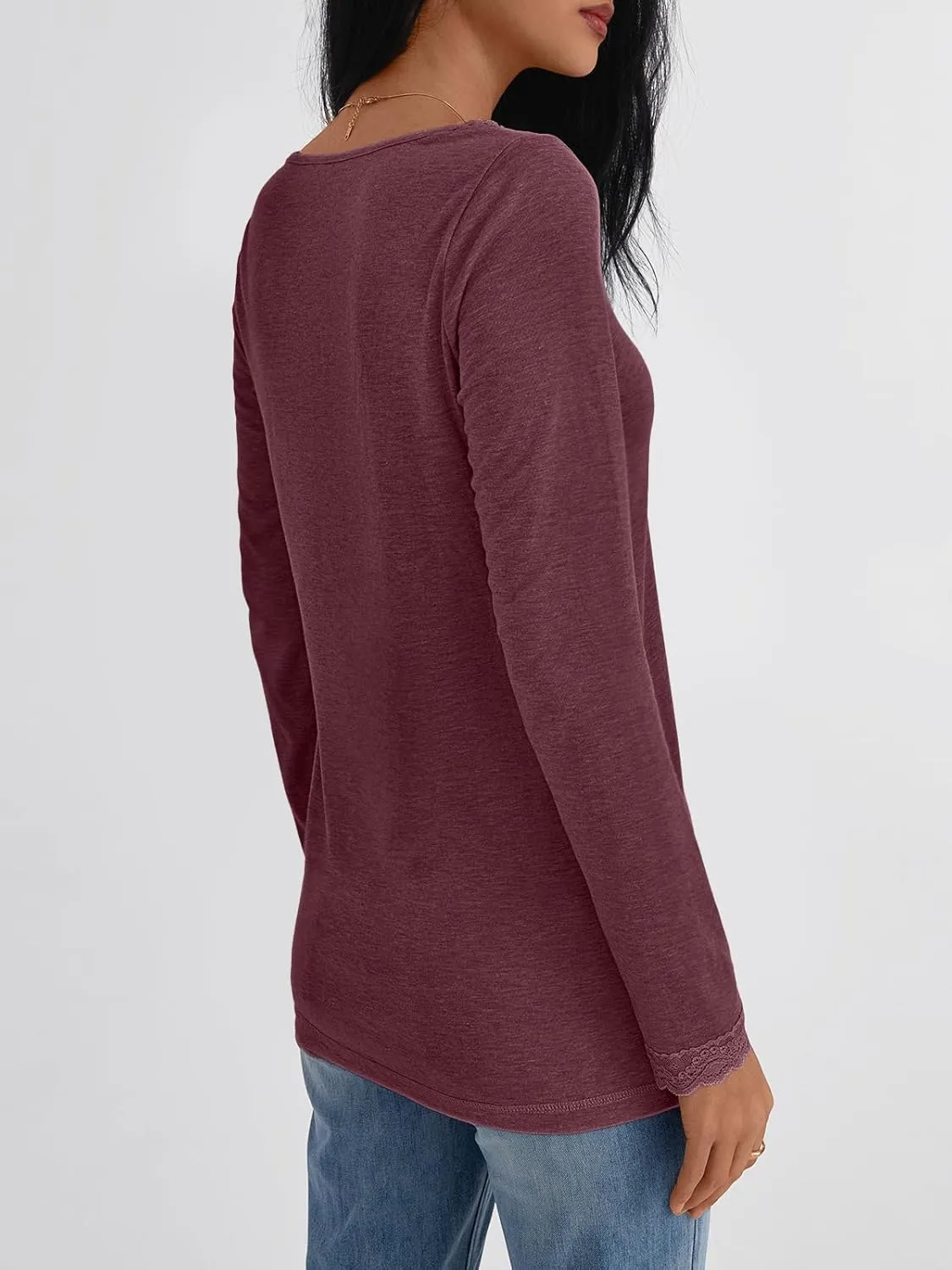 AUTOMET Long Sleeve T Shirts for Women Lace V Neck Casual Cute Tops Loose Fit Fall Winter Basic Clothing