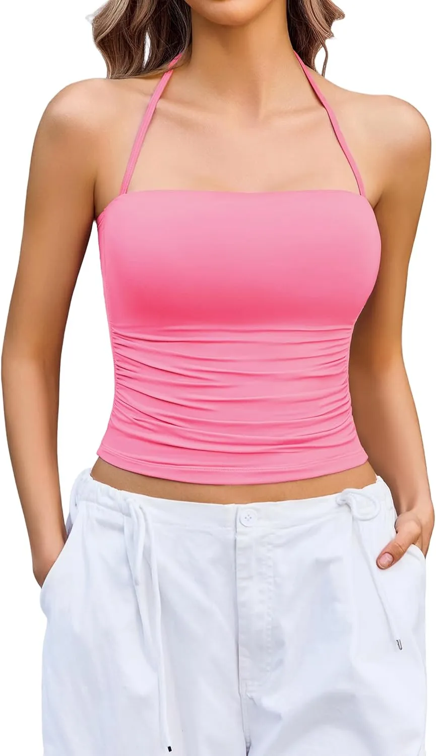 Avidlove Halter Tops for Women Going Out Double Lined Sexy Crop Tank Top Ruched Slim Fit Cami Y2K Outfits