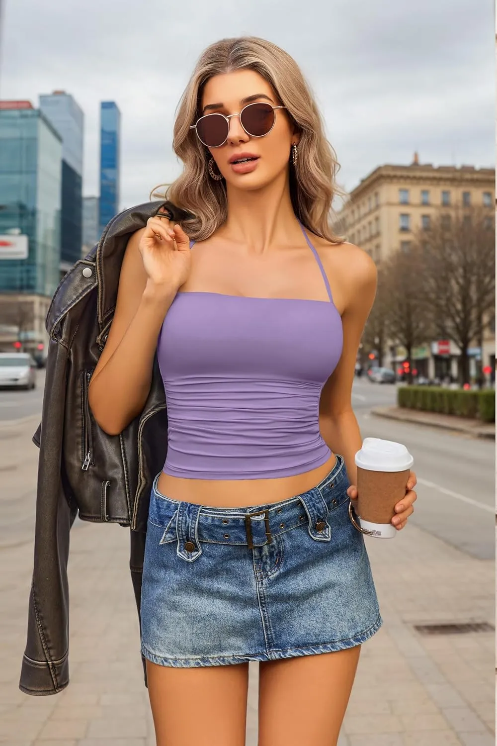 Avidlove Halter Tops for Women Going Out Double Lined Sexy Crop Tank Top Ruched Slim Fit Cami Y2K Outfits
